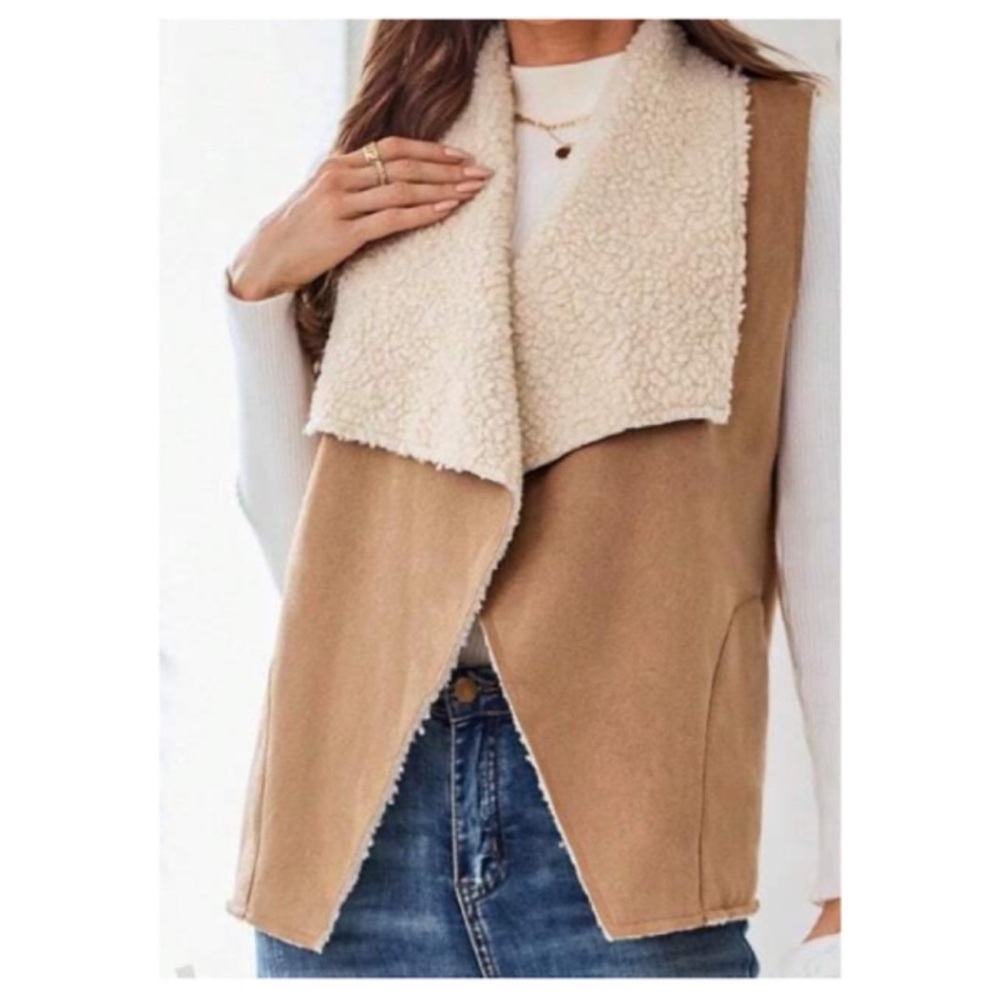 Cozy Sherpa Lined Waterfall Vegan Suede Vest S M L XL